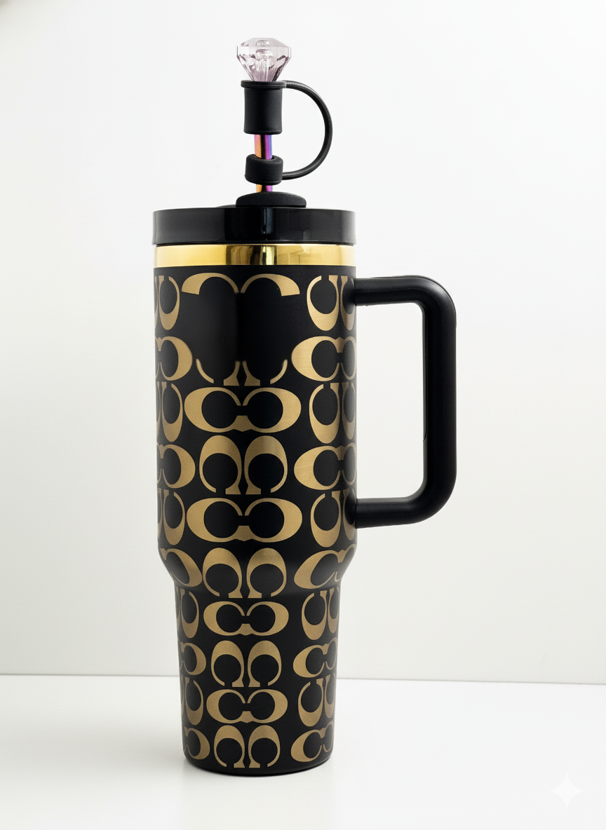 40oz Holographic Monogram  Tumbler – Black & Gold